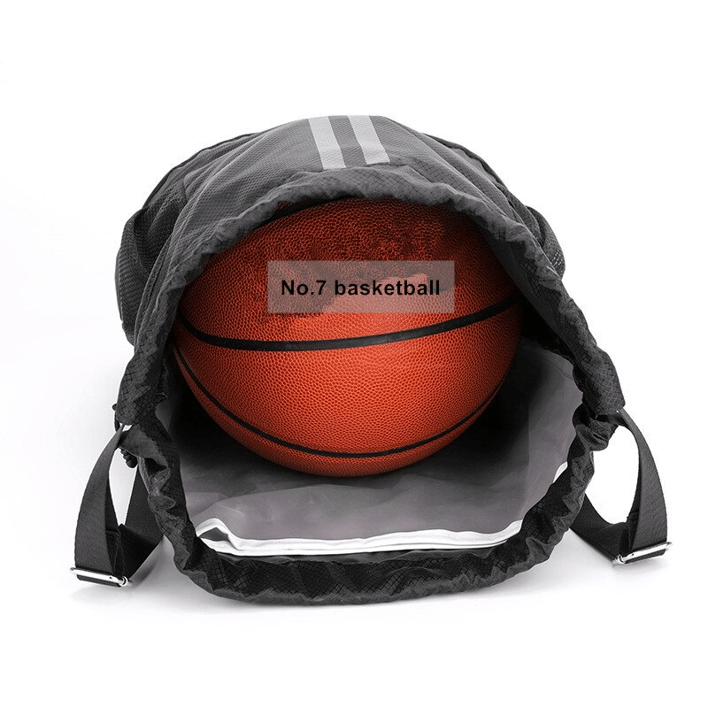 Waterproof sports backpack with a No. 7 basketball inside, showcasing spacious 15L capacity and durable construction. Unisex design, SF0935.